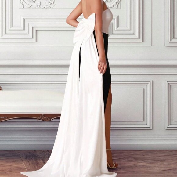 Black and White Women's Stitching Tube Top High Slit Big Butterfly Party Dress - Picture 2 of 6